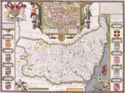Suffolk e la situazione di Ipswich, inciso da Jodocus Hondius (1563-1612) dal 